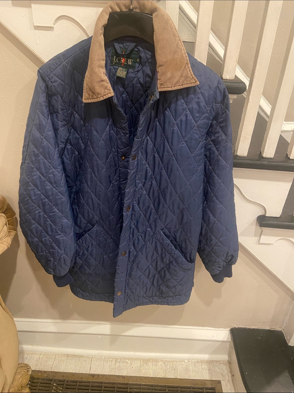 J. Crew Navy Quilted Puffer Jacket with Tan Corduroy Collar Men’s xsmall